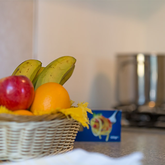 Obstkorb in der Küchenzeile des Basic Bungalows